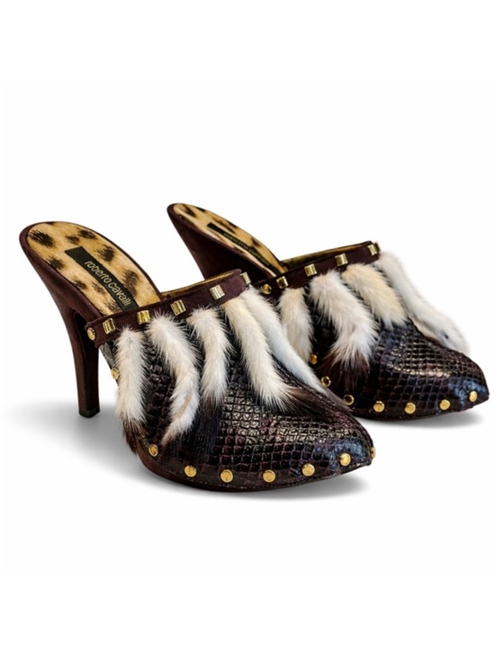 Roberto Cavalli Shoes - ROBERTO CAVALLI Y2K Deadstock Python Feather Mule Heels Made in Italy